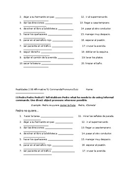 Realidades 2 3B Affirmative Tú Commands and Pronouns Quiz by Spanish4U