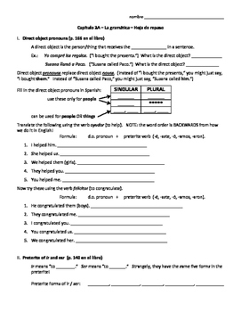 Preview of Realidades 2 Cap. 3A grammar practice - D.O. pronouns, irregular preterite