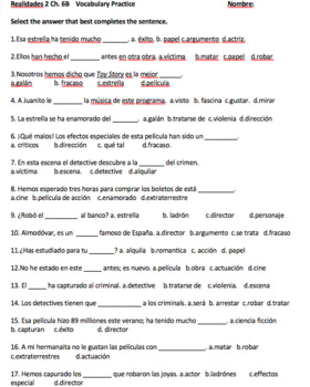 Realidades 2 Ch. 6B Vocabulary Practice/Quiz - with Answers | TPT