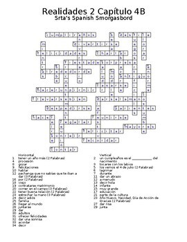Realidades 2 Vocabulary Crossword Capitulo 4 By Srta S Spanish Smorgasbord