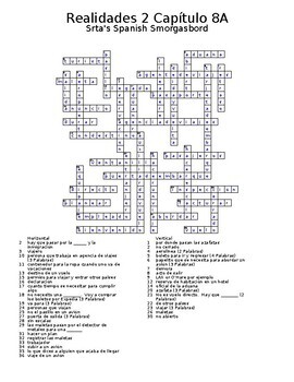 Realidades 2 Vocabulary Crossword Capitulo 8 By Srta S Spanish Smorgasbord