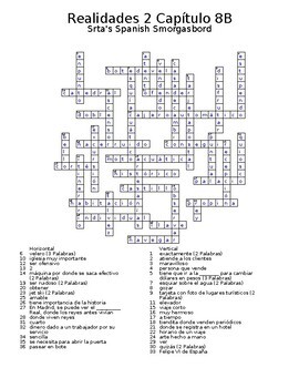 Realidades 2 Vocabulary Crossword Capitulo 8 By Srta S Spanish Smorgasbord