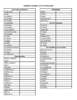 Preview of Realidades 3 Chapter 3 A Ver Si Recuerdas Vocabulary List Pg. 108