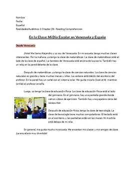 Preview of Realidades/Auténtico 1 Chapter 2B- Reading Comprehension