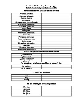 Preview of Realidades Spanish 1 1B Vocabulary Checklist