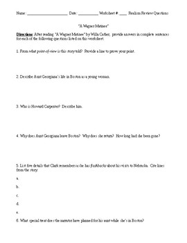Preview of "A Wagner Matinee" Worksheet (or Test) with Detailed Answer Key