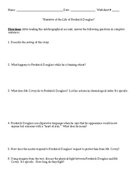 Preview of "Narrative of Frederick Douglass": Worksheet (or Test) and Detailed Answer Key