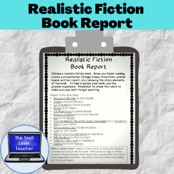 Preview of Realistic Fiction Book Report for Various Levels w/ Rubric & Graphic Organizers