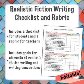 Preview of Realistic Fiction Writing Student Checklist and Teacher Rubric *Editable*