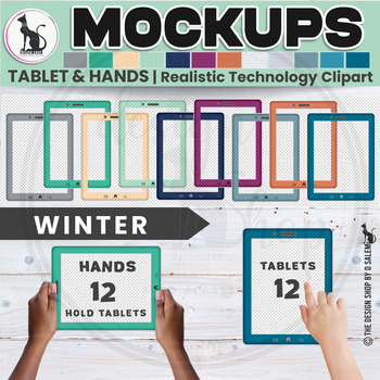 Preview of Realistic Technology Clipart Tablet and Hands Hold Tablets Winter Mockups