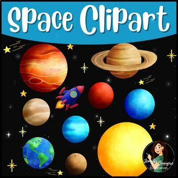 Preview of Realistic Watercolor Planet and Stars Space Clipart