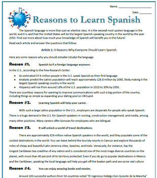 Reasons To Learn Spanish Reading Activities Substitute Plan Tpt