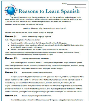Preview of Reasons to Learn Spanish: Reading, Activities & Substitute Plan