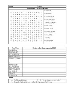 Preview of Reasons for War of 1812 word search