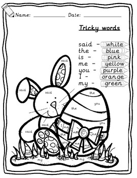 Preview of Reception/Year 1 - Tricky words colouring worksheet Easter theme, phase 2 - 5