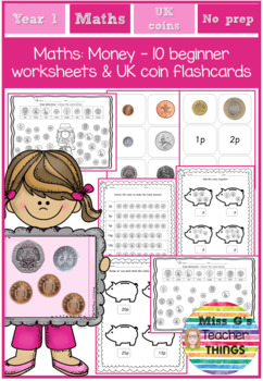Preview of Reception/Year 1 UK maths: coin value - 10 worksheets with UK coin flashcards