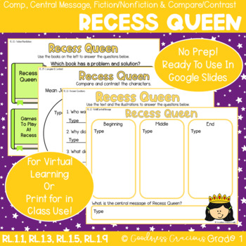 Preview of Recess Queen Comp., Central Message, Fiction/NF & Compare/Contrast