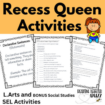 Preview of Recess Queen Social Emotional Reading Comprehension Grammar Writing 3rd 4th