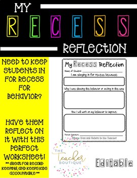 Preview of Recess Reflection Worksheet (Behavior Management)