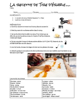 Preview of Recette de tire d'érable/ maple taffy on snow recipe: word bank and pictures