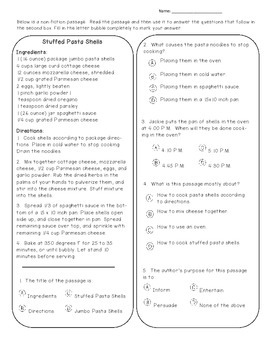 Preview of Recipe Card reading comprehension and math passage