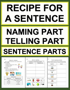 Preview of Recipe for a Sentence | Parts of a Sentence Naming + Telling Subject + Predicate