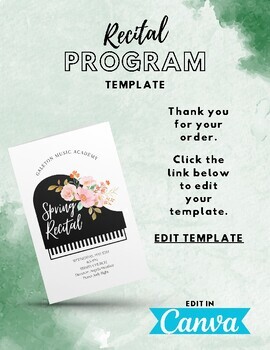 Preview of Recital Program TEMPLATE-customize in Canva PIANO FLOWERS