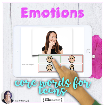 Preview of Core Word Emotions Activity with Photos for Teens Boom™ speech therapy activity