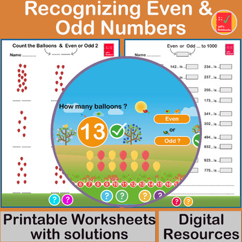 Preview of Recognising & Identifying Even & Odd  Numbers  - Grade 2 -  Worksheets & more