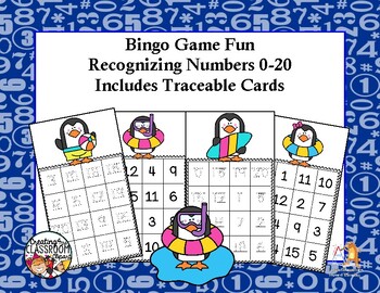 Preview of Recognizing Numbers 0-20 - Bingo Game Fun-Summer Penguins