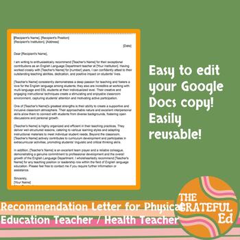 Preview of Recommendation Letter For Health Teacher Physical Education Teacher Professional