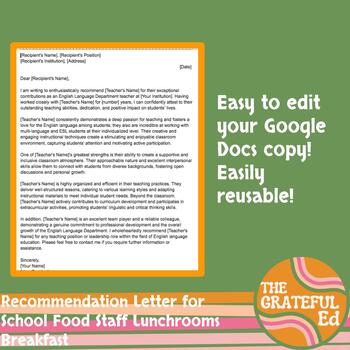 Preview of Recommendation Letter for School Staff Food Service Employee Breakfast programs