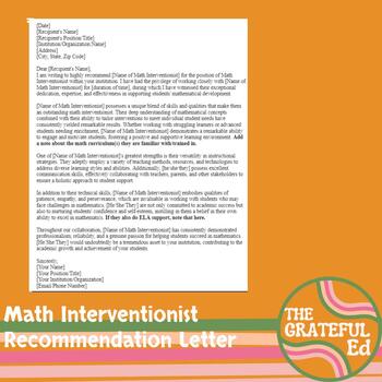 Preview of Recommendation letter for Math Interventionist  Specialist Math Coach