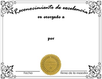 Reconocimiento de Excelencia (Academic Growth Certificate in Spanish)