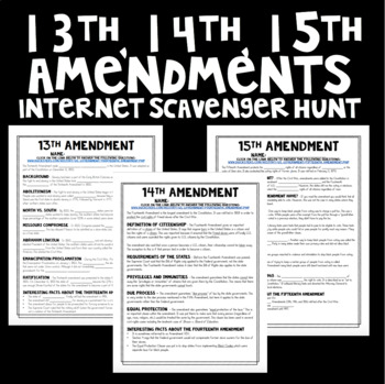 Preview of Reconstruction: 13th, 14th, 15th Amendments Internet Scavenger Hunt Activity