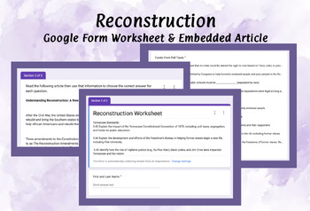 Preview of Reconstruction Google Form Worksheet With Embedded Article