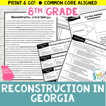 Preview of Reconstruction in Georgia Reading Passage | SS8H6a SS8H6b GSE & CCSS aligned