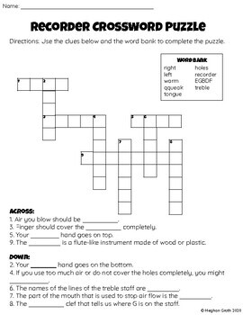 Recorder Crossword Puzzle by Teaching In Tune TPT