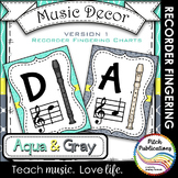 Recorder Fingering Chart Posters v1 Black/Tan- Music Decor Aqua Gray
