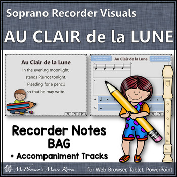 Preview of Recorder Music and Song Au Clair de la Lune Interactive Visuals {Notes BAG}