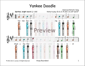 Recorder Sheet Music - Yankee Doodle - Digital Print | TpT