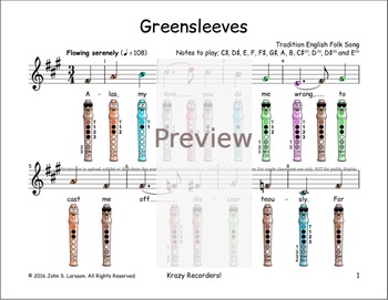 Greensleeves Recorder Finger Chart