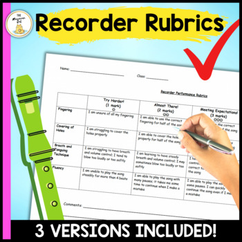 Preview of Recorder Test Rubrics for Grading and Assessment! ( 3 versions )