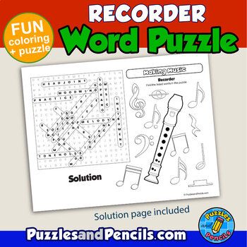 Recorder Word Search Puzzle Coloring Activity Making Music Series