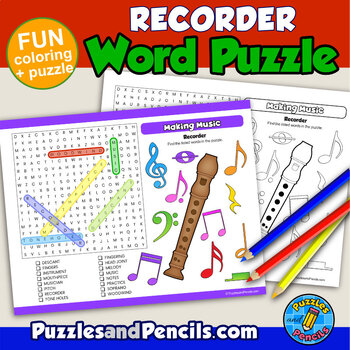 Preview of Recorder Word Search Puzzle & Coloring Activity | Making Music Series