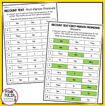 recount writing first person pronouns worksheets tpt