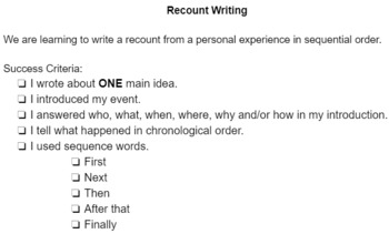 Preview of Recount Writing Learning Goal and Success Criteria Checklist Ontario