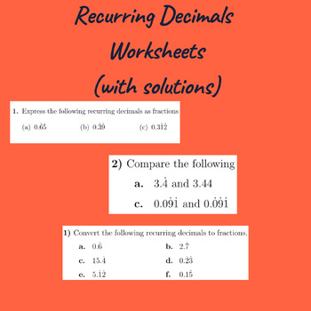 Preview of Recurring Decimals Worksheets  (with solutions)