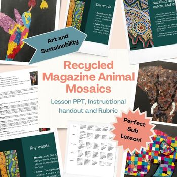 Preview of Recycled Magazine Animal Mosaic Lesson PPT Paper Art Project