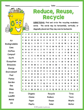 World Environment Day Worksheet - Recycling Word Search by Puzzles to Print